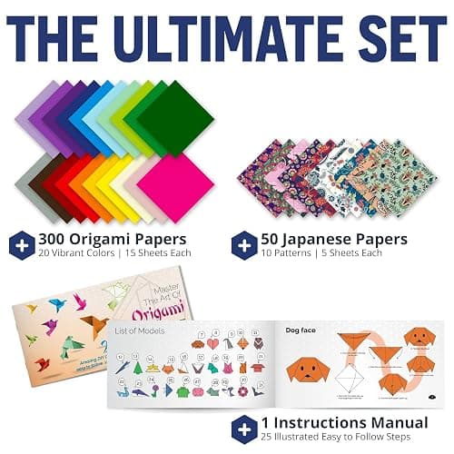 Origami Paper | 350 Origami Paper Kit | Set Includes - 300 Sheets 20 Colors 6x6 | 50 Traditional Japanese Patterns | Origami Book 25 Easy Colored Projects | Kids Crafts | Christmas Gifts for boys 8-12 thumbnail 2