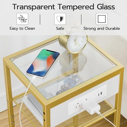 HOOBRO End Table with Charging Station, Side Table with USB Port & Power Outlets, 3-Tier Slim Nightstand with Storage Shelves, Tempered Glass, for Living Room, Bedroom, Gold GD77UBZ01 thumbnail 4