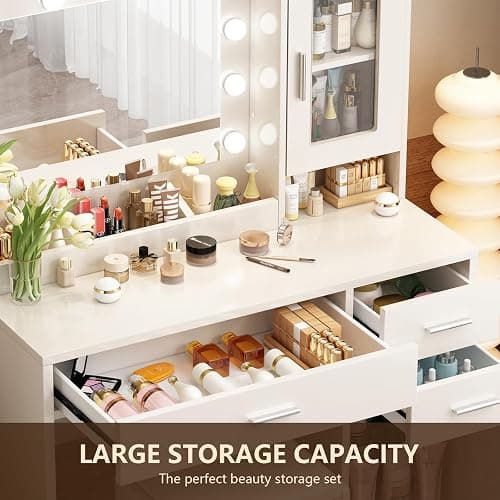 ENDYOE Makeup Vanity Desk Set with LED Lights Mirror Chair, Vanity Table with 7 Storage Shelves and 3 Drawers,3 Lighting Modes Adjustable Brightness Dressing Table for Bedroom,White thumbnail 3