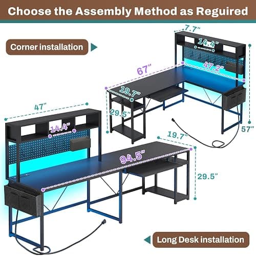 SEDETA L Shaped Gaming Desk, Reversible Computer Desk with Power Outlet and Pegboard, Gaming Desk with Led Lights, Keyboard Tray and Storage Bag for Home Office, Black thumbnail 3