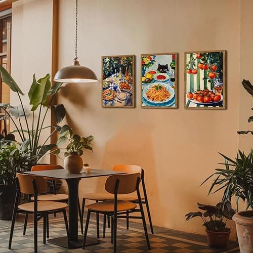 Framed Vintage Italian Kitchen Canvas Wall Art Set of 3, Funny Black Cat with Pasta Food Pictures Wall Decor, Rustic Tomato Paintings Prints Farmhouse Home Decor for Dining Room Restaurant 12X16in thumbnail 4