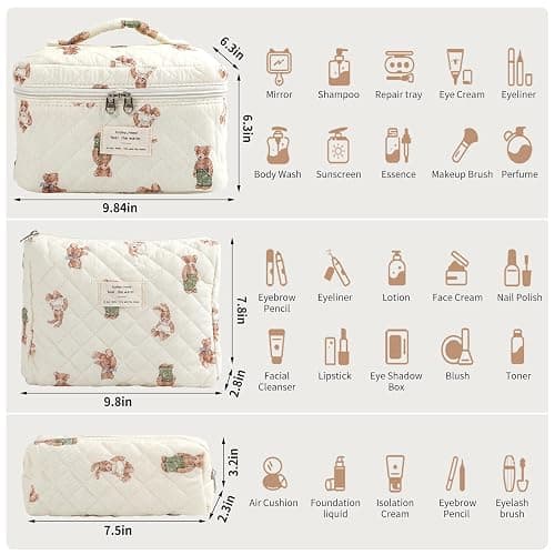 YINGJEE Large Quilted Makeup Bag for Women and Girls, Cute Coquette Floral Cotton Cosmetic Bag, Aesthetic Travel Organized Toiletry Bags (06-beige bears) thumbnail 2
