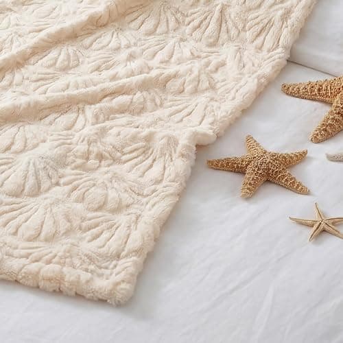 Gilprop Seashell Blanket Throw Coastal Beachy Themed White Shell Soft Fuzzy Plush Faux Fur Cozy Blanket for Couch Sofa Bed Lounging Ideal Gifts for Summer Holiday Adults Wife Self 50 x 60 Inches thumbnail 4