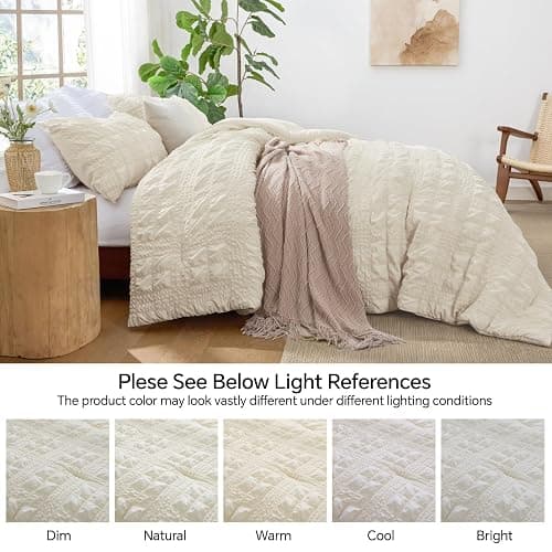 BEDELITE Queen Comforter Set, Seersucker Bedding Set 3 Pieces, Cream | All Season Use, Machine Washable, Soft and Lightweight, Ruched Comforter for Bedroom, Wrinkle-Resistant, Cozy and Stylish thumbnail 4