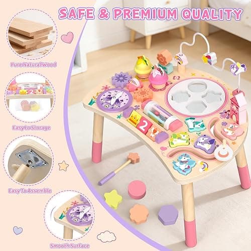 Hewaurorion Wooden Activity Table for Toddlers 1-3, Unicorn 10-in-1 Montessori Busy Board with Bead Maze Shape Matching Gears Clock, Sensory Learning Toys for 1 2 3 Year Old Girls Boys Birthday Gift thumbnail 5