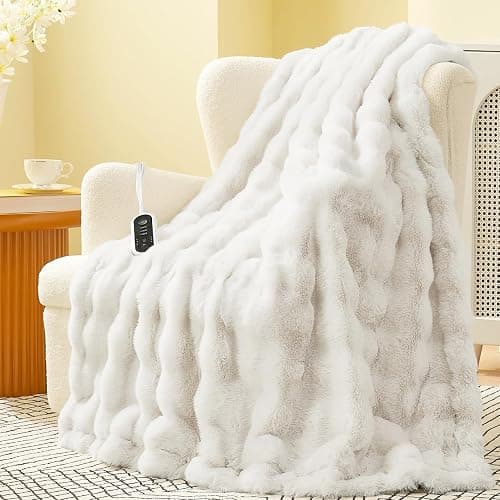 Amélie Home Heated Bubble Faux Fur Blanket Electric - 50"x60" Heating Blanket Throw 2/4/6/8 Hours Auto-Off 8 Heat Level Over-Heat Protection Electric ETL Certification Beige/Off White - Image 1