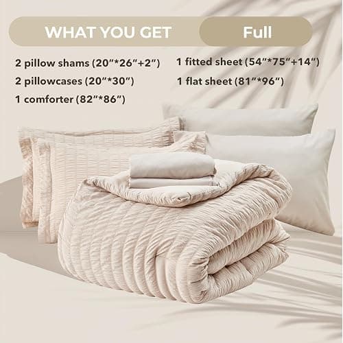 HYMOKEGE Beige Full Size Comforter Sets Seersucker 7 Pieces, All Season Luxury Bed in a Bag for Bedroom, Bedding Set with Comforters, Sheets, Pillowcases & Shams thumbnail 5