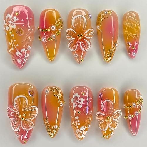 24Pcs Flower Press on Nails Medium Almond Fake Nails 3D Floral with Gold Pearl Rhinestones Glitter Glossy Design Orange Full Cover Stick on Nails Spring Summer False Nails for Women Acrylic Nails - Image 1