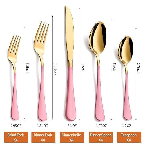 Lekoton 20 Piece Gold and Pink 18/0 Flatware Utensil Set for 4, Include Dinner Knife,Dinner Forks,Dinner Spoons,Salad Forks,Teaspoons,Silverware Set for 4, Dishwasher Safe thumbnail 3