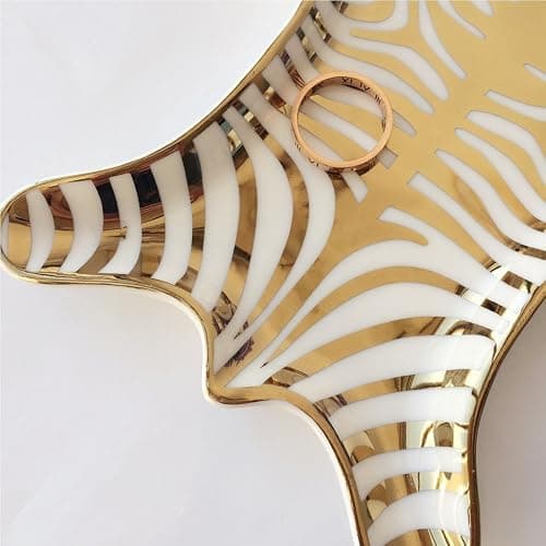 NUYKOUY Zebra Stripe Jewelry Tray Ceramic Dishes Plate Gilded 5.9", Gold thumbnail 5