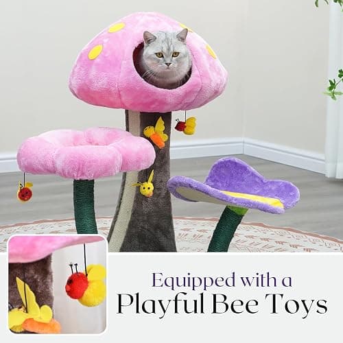 Catry® Wonderland 3-Level 31" Cat Tree with Mushroom Condo, Flower Perch, Sisal Scratching Pad, Parts Replaceable, Garden Style with Bee Toys. Multi- Color thumbnail 5