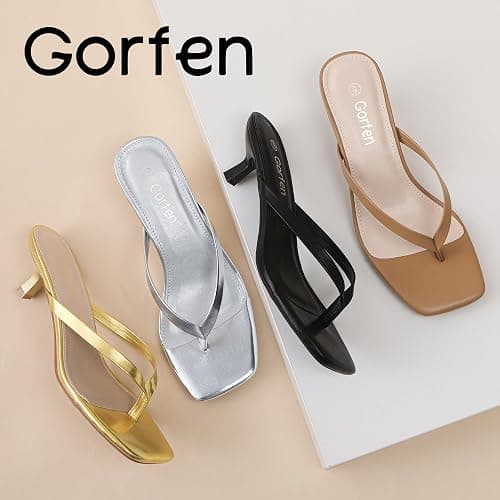 Gorfen Women's Kitten Heel Sandals Square Toe Slip on Flip Flop Heels 2 Inch Thong Sandals Party Dress Heeled Sandals thumbnail 7