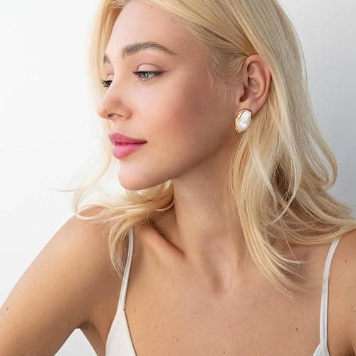Dckazz Vintage Pearl Earrings Chunky 14K Gold Plated Pearl Earrings for Women Oval Stud Non Tarnish thumbnail 2