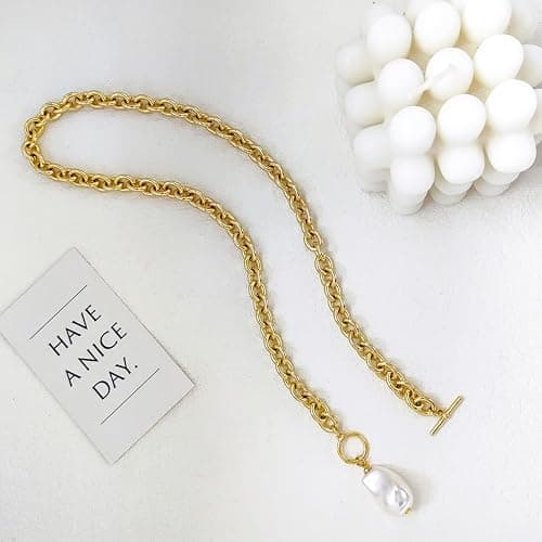 Zeffy 14K Gold/Silver Plated Chunky Thick Chain Toggle Clasp Necklace Dainty Baroque Pearl/Heart/Cross/Turquoise Pendant Necklace thumbnail 6