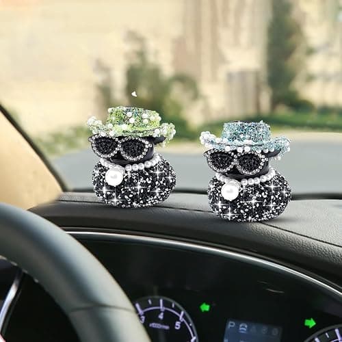 wonuu Diamond Rubber Duck Car Ornaments Duck Car Dashboard Decorations for Cool car Accessories with, Black&Green thumbnail 7