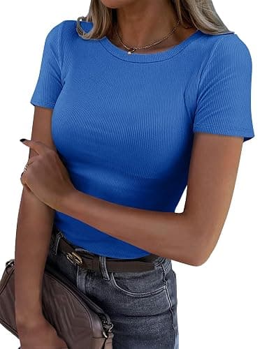Roselux Crew Neck Fitted Tight Tshirt Short Sleeve Shirt Knit Top - Image 1