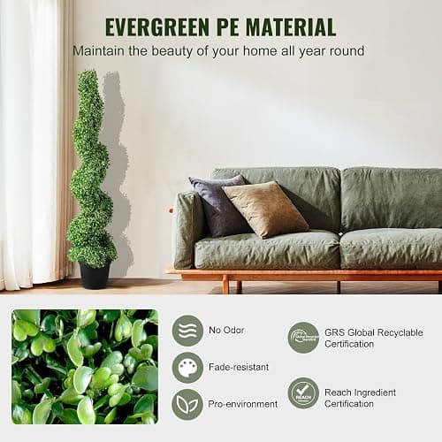 VEVOR Artificial Boxwood Spiral Topiary Trees, 4ft Tall (2 Pieces) Faux Plant Outdoor, All-Year Green Fake Plant with Replaceable Leaves for Decorative/Indoor/Porch/Garden thumbnail 4
