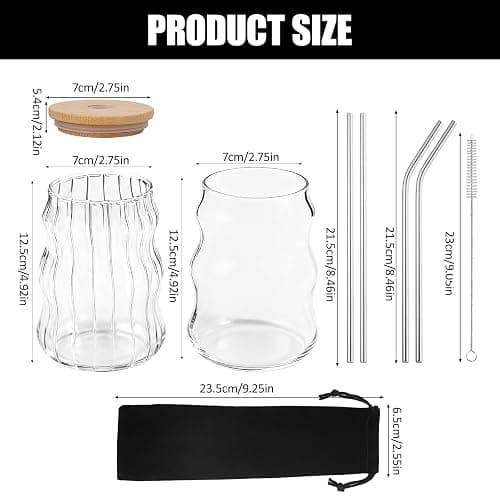 WOJVVK 2PCS 18 Oz Aesthetic Glass Cup, Cute Ribbed Glass Cups with Lids and Straws for Iced Coffee, Matcha Drinking thumbnail 2
