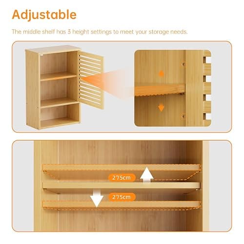 HITNET Bathroom Wall Cabinet, Medicine Cabinet Over The Toilet, Bamboo Hanging Storage Organizer with Single Door and Open Bottom Shelf, for Kitchen Living Room, Natural thumbnail 6