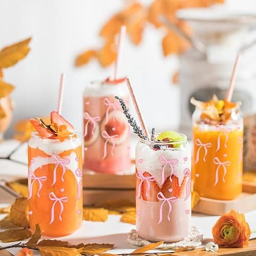Mason Life Coquette Pink Bow Cute Glass Cups with Lids and Straw 18OZ Cute Tumbler Glass Cup with Keychain and Straw Cover for Iced Coffee Smoothie Cocktail Matcha Teen Girls Trendy Gift Preppy Stuff - Canglass-Cherry-bow thumbnail 5