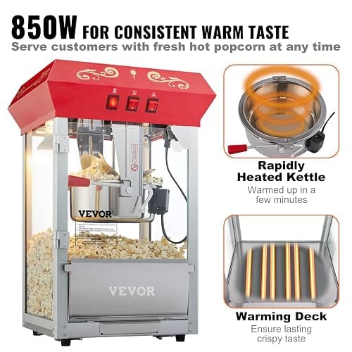 VEVOR Commercial Popcorn Machine, 8 Oz Kettle, 850 W Countertop Popcorn Maker for 48 Cups per Batch, Theater Style Popper with 3-Switch Control Steel Frame Tempered Glass Doors 2 Scoops 2 Spoons, Red thumbnail 6