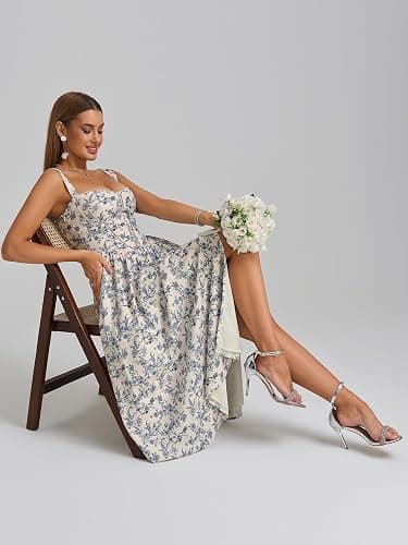 KUTUMAI Floral Corset Midi Dress Flowy Slit Summer Spring Wedding Guest Dresses for Women Sundress with Pockets thumbnail 5