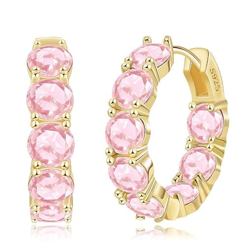 FSLEAD 14K Gold Plated Hoop Earrings for Women,Silver Huggie Earrings for Women Cubic Zirconia Small Earring CZ Inside-Outside Hoop Earrings Clear,Hot Pink,Black,Red,Green,Multicolored Earrings - Image 1