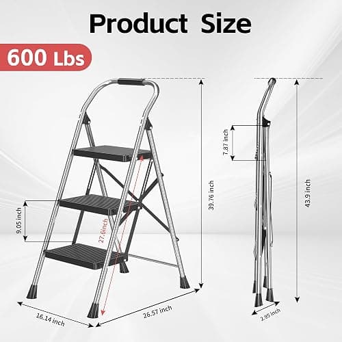 Step Ladder Foldable Folding Stool - for Home Adults Kitchen 3 Stepping Extension Tall Heavy Duty with Handrails - Closet Stepstool Stair Ladders Extendable Stepladder for Indoor House 600Lbs thumbnail 2