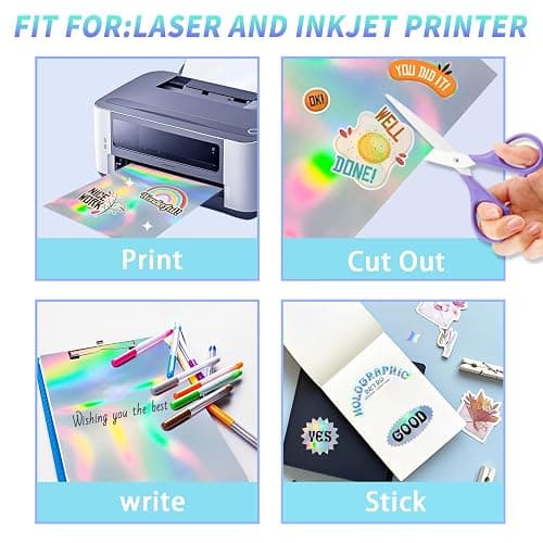 Yeachlaing Printable Holographic Silver Sticker Paper, Laser & Inkjet Printable 8.5 x 11 Inches Dries Quickly Stickers Rainbow Vinyl Label 22 pcs thumbnail 5