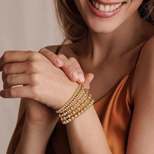 adoyi Gold Bracelets for Women Waterproof, 14K Gold Plated Beaded Strand Bead Ball Bracelets stack Adjustable Jewelry Set for Gifts thumbnail 3