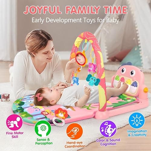 UMIKU Baby Play Mat Baby Tummy Time Mat Activity Center for Newborn Infant Piano Play Gym Mat Music & Light Babies Gifts Boy Girl for Babies 0-6 6-12 Months, Pink Dinosaur thumbnail 4