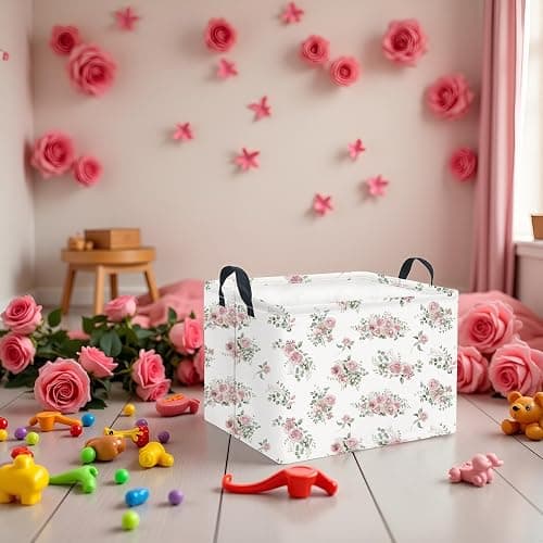 LATOGHIVE Rectangular Storage Basket Waterproof Storage Bin for Bedroom Collapsible Bin Books Box Basket Room Decor(Rose) thumbnail 5