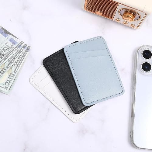 ElevateTech Phone Wallet Stick On, Leather Phone Card Holder for Phones Case Adhesive Stretchy Credit Card Pocket for Back of Phones Stick on Cards Holder with Most Cell Phones(White, Blue, Black) thumbnail 2