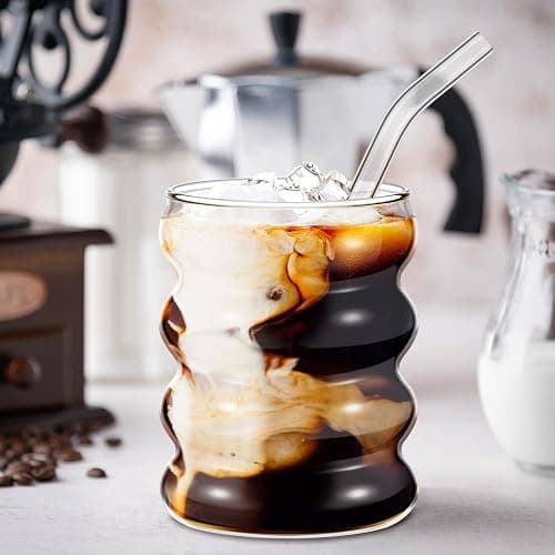 Tessco for you 4 Pcs Creative Glass Cups Vintage Drinking Glasses Ribbed Glassware Aesthetic Cup Entertainment Dinnerware Glassware with Straws Set for Kitchen Coffee Beverage(13.5 oz,Clear) thumbnail 7