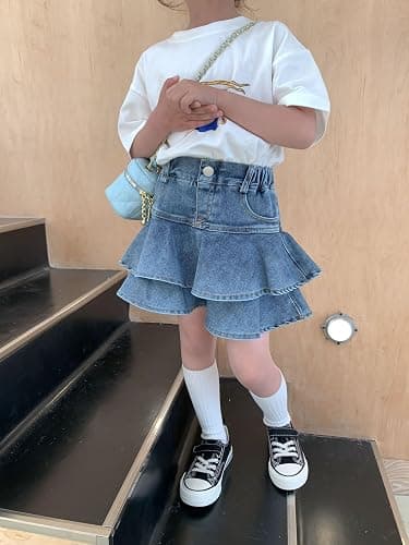 Flofallzique Little Girl's Denim Skirts Mini Flared Pleated Toddler Jean Skorts with Shorts Underneath thumbnail 2