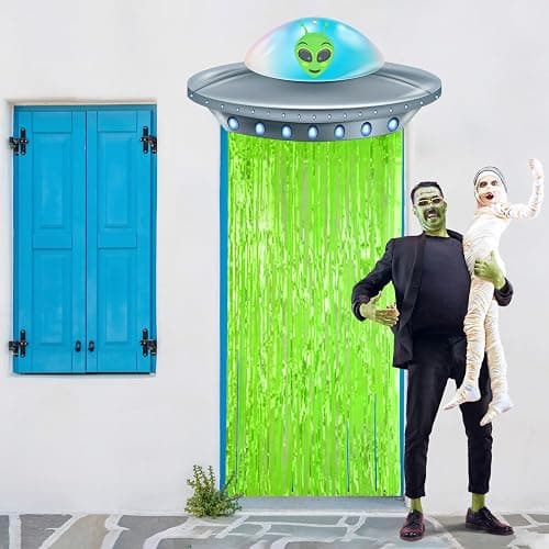 Simgoing Alien Birthday Party Door Curtain Decorations, Fluorescent Green | Foil Tinsel Flying Saucer Spaceship Hanging Banner for Alien Halloween Party Supplies, Fun Garland Decorations thumbnail 7