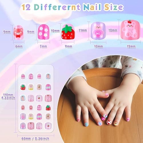 168Pcs Kids Press on Nails Set for Little Girls, Shynek Mini Fake Nails for Kids Pre Glue Stickers Nails Full Cover Small Nail Tips for Girls Gifts 8-10 (Extra Small Nail Size) thumbnail 3