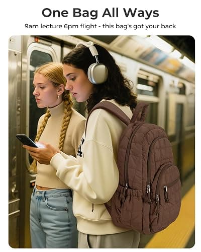 BAGSMART College Laptop Backpack, Travel Backpack for Women, Quilted Casual Daypack, Water-Resistant Bookbag for 15.6 Inch Laptop, Chocolate thumbnail 2