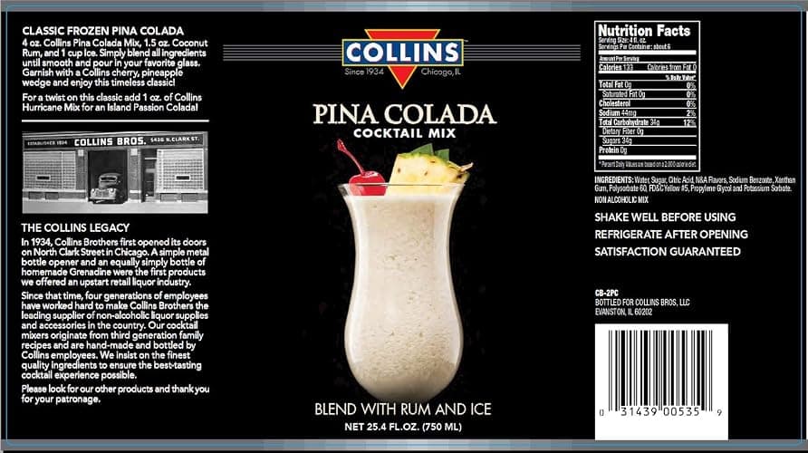 Collins Pina Colada Mix | Made With Real Pineapple Juice, Coconut and Other Natural Flavors | Tropical Cocktail Mixer, Home Bar accessories Cocktail Mixers, 32 fl oz thumbnail 2