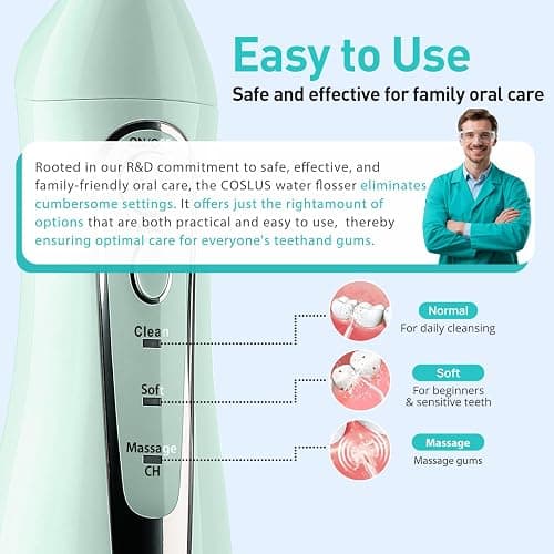 COSLUS ADA Accepted C20 Water Dental Flosser Teeth Pick, 300ML Larger Tank | Portable Rechargeable Oral Irrigator for Orthodontic & Sensitive Gums, Cordless for Travel, Family, Professional Set, Green thumbnail 5