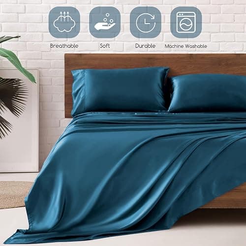 MR&HM Satin Bed Sheets, Queen Size Sheets Set, 4 Pcs Silky Bedding Set with 15 Inches Deep Pocket for Mattress (Queen, Teal) thumbnail 5
