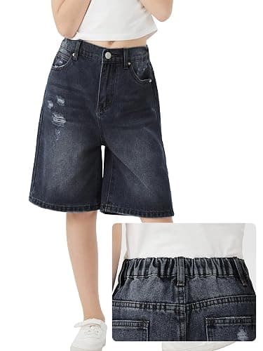Handfrog Girls Shorts Elastic Waist Jorts Denim Jean Shorts Ripped Knee Length Bermuda Shorts for Kids Teen Girls Summer - Image 1