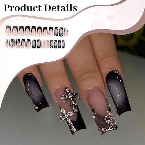 LunarCharm 24 Stück Aufdrücknägel, lang, quadratisch, schwarz, Ombre-Kunstnägel mit Kreuzanhänger-Design, glänzend, vollständige Abdeckung, schwarze künstliche falsche Nägel thumbnail 3