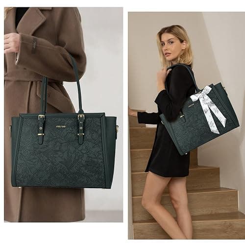 MOSISO Laptop Bag for Women, PU Leather Tote Bag, Front Embossed Retro Hibiscus Computer Bags with Silk Scarf&Clutch Purse thumbnail 2