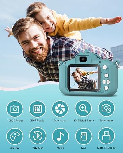 Hangrui Kids Camera, 20MP Kids Digital Dual Lens Cameras with Silicone Case 2.0 Inch IPS Screen 1080P Video Camcorder, 32GB Card,Shockproof Childrens Camera Toy for Boys & Girls Age 3-12(Dark Green) thumbnail 2