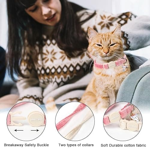 ARING PET 2 Pack Cat Collar-Cute Cotton Cat Collar with Bell & Pendant, Adjustable Pink Khaki Kitten Collars with Safety Buckle for Girl and Boy Pets thumbnail 2
