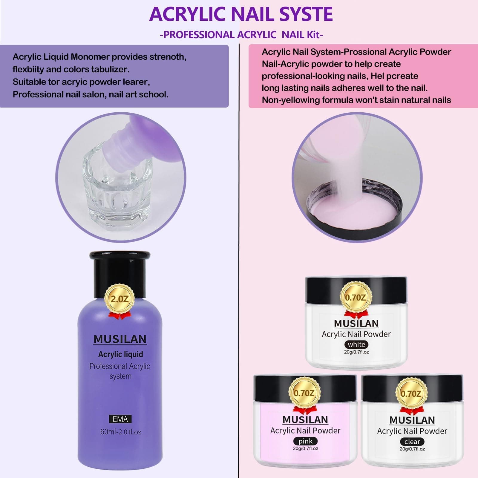 Acrylic Nail Kit Acrylic Powder and Professional Liquid Monomer Set with 5pcs Nail Brush Tips for Nails Extension Beginner kit for Nail Art Starter, Pink White Clear thumbnail 3
