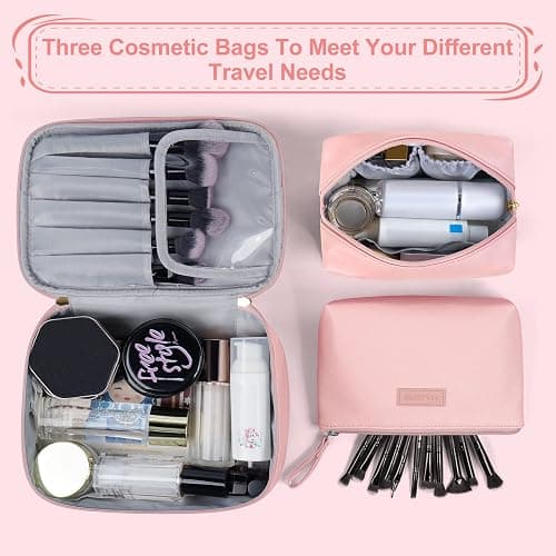 MAANGE Makeup Bag Waterproof Travel Cosmetic Bag PU Leather Cosmetic Pouch Portable Makeup Organizer Bag Large Capacity Toiletry Bag Multifunctional Storage Make Up Bag for Women (Pink, 3Pcs) thumbnail 6