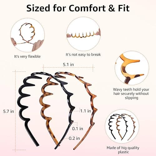 Botanikind 2 Pack Zig Zag Headbands for Women, Non-Slip Wavy Plastic Hair Comb Headbands with Teeth, U-Shape High Cranium Korean Style, Classic 90s Hair Accessories, Gifts for Women (Black & Brown) thumbnail 6