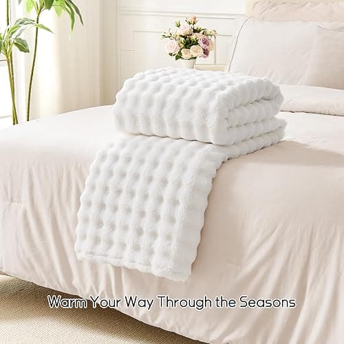 Lotus Karen 3D Bubble Fleece Blanket for Couch - Ultra Soft Fluffy White Throw Blanket for Sofa Bedroom, Lightweight Cozy Throw for All Season, Adults Women Kids Off White, 50"x60" thumbnail 6